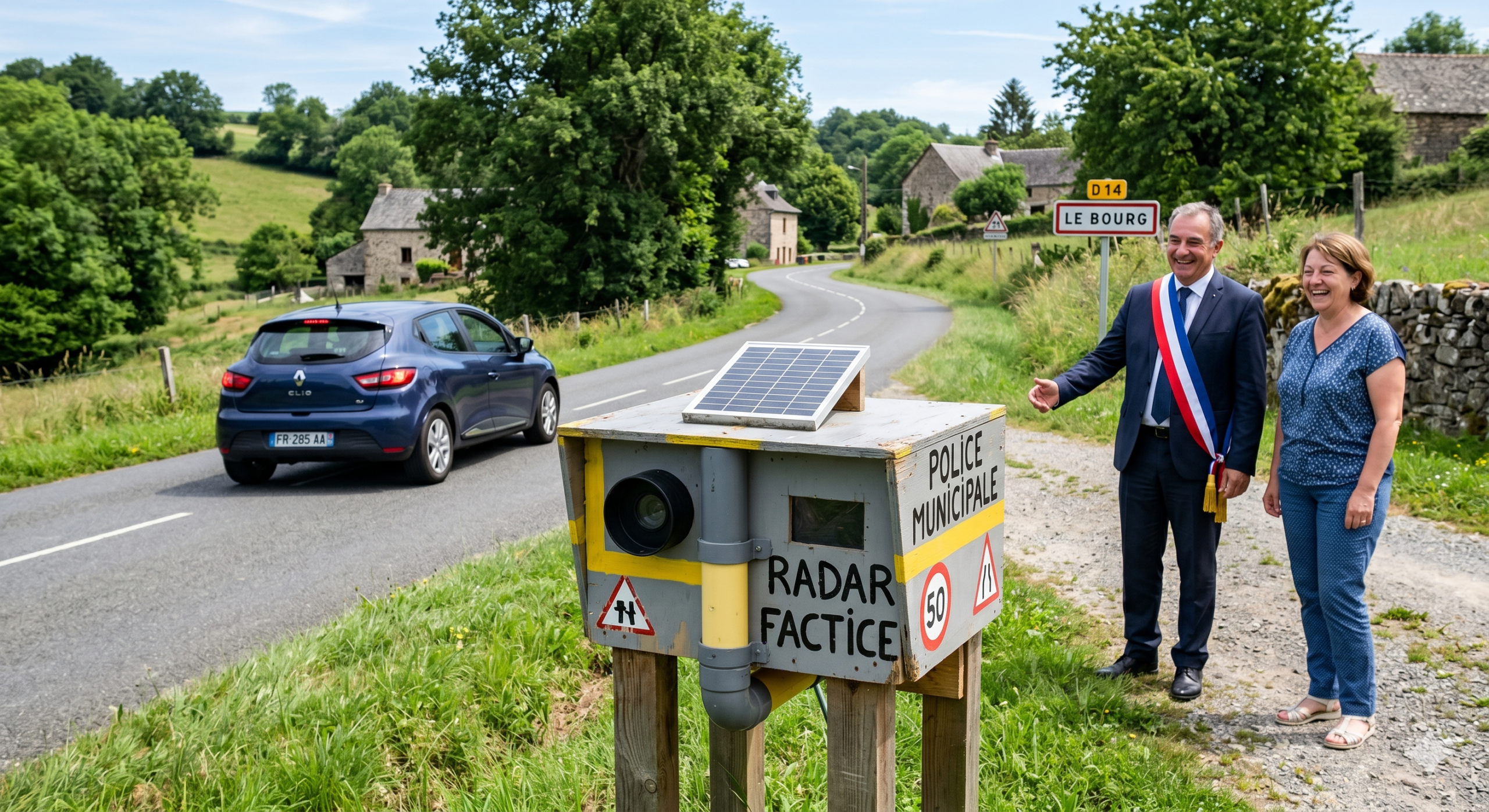 la Corrèze le radar factice installé par la mairie, la légalité en question du faux dispositif, le département de la Corrèze en Nouvelle-Aquitaine, l'appareil en bois pour ralentir la circulation, le pouvoir de police du maire de la commune, l'absence de la contravention pour l'automobiliste, la prévention de la sécurité routière dans le village, le risque de l'accident de la route, la responsabilité civile de la collectivité territoriale, le domaine public de la voirie, le retrait des points sur le permis de conduire, l'imitation de la cabine de chantier.