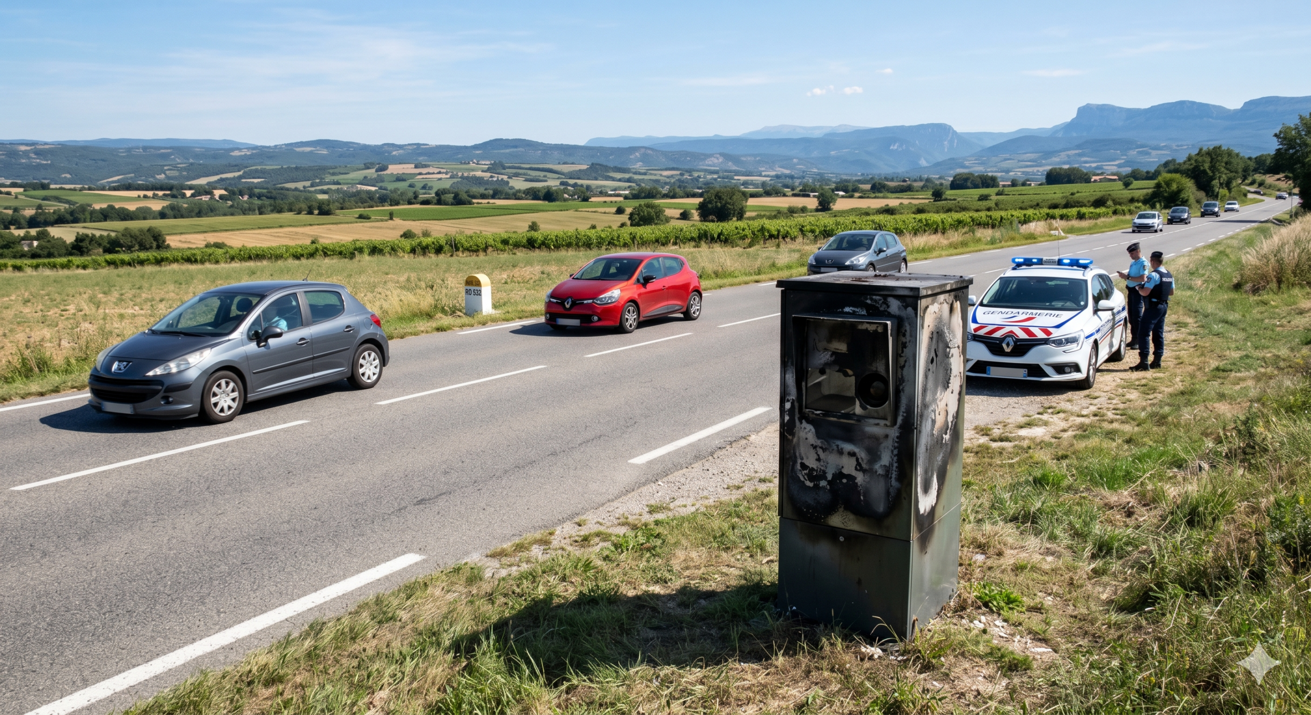le radar incendié à Chatuzange-le-Goubet, la destruction par le feu sur la route RD 532, le vandalisme du matériel de la sécurité routière dans la Drôme, l'amende pour la dégradation du bien public de l'état, l'enquête de la gendarmerie nationale pour l'incendie, le retrait des points sur le permis de conduire du conducteur, la prévention des accidents de la circulation, la cabine automatique de la vitesse détruite près de Romans-sur-Isère, la contravention électronique de l'ANTAI, la carcasse calcinée sur le bord de la voirie.