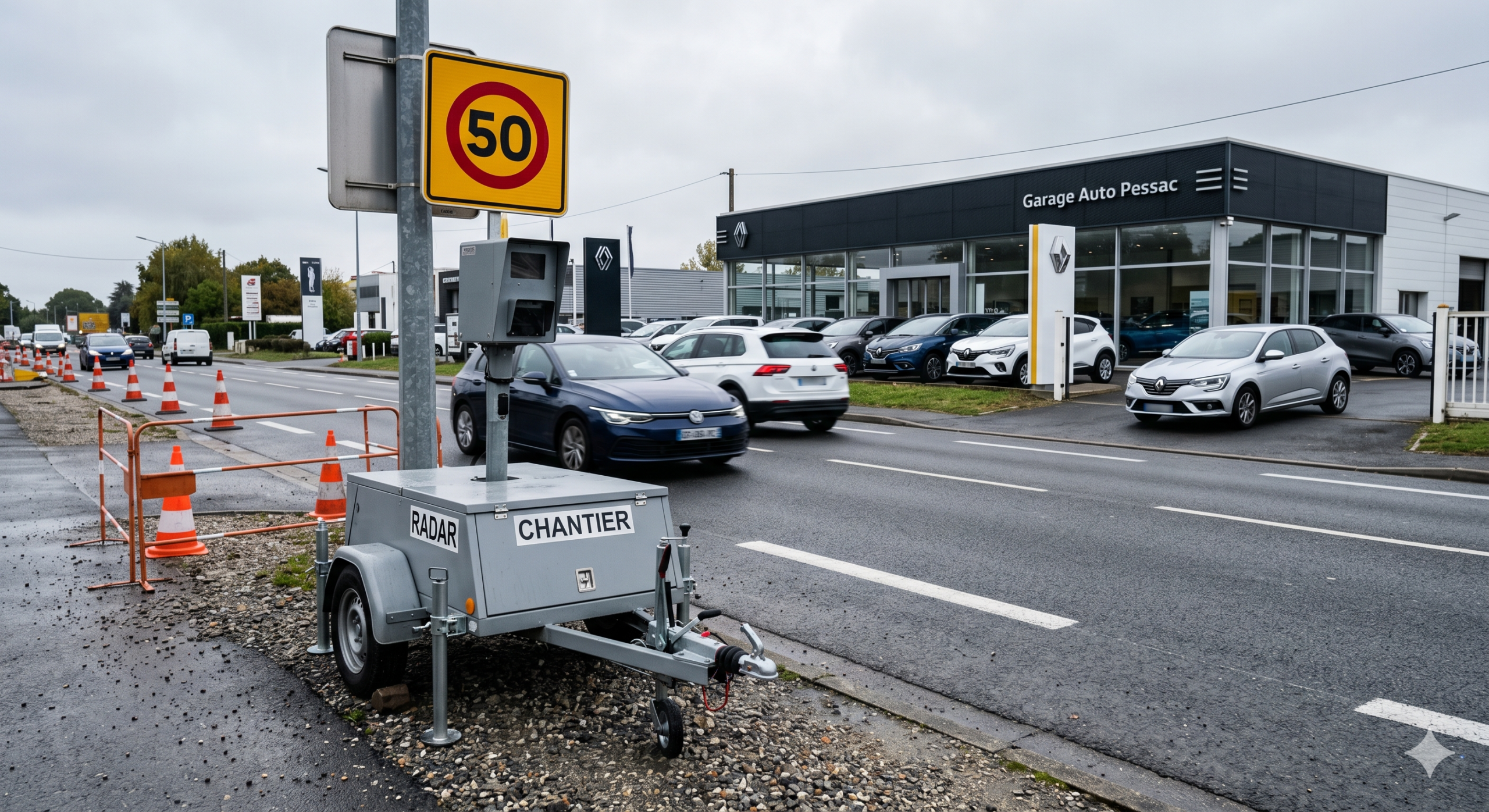 le radar de chantier à Pessac sur la route D1250, la pluie des amendes pour les automobilistes de la Gironde, la limitation de la vitesse à cinquante kilomètres par heure, les travaux routiers pour la voirie, la concession automobile et le véhicule de l'essai, le retrait des points sur le permis de conduire, la contravention pour l'excès de la vitesse en agglomération, le dispositif autonome de la sécurité routière, le flash de la machine sur la route départementale, la prévention pour la protection des ouvriers.