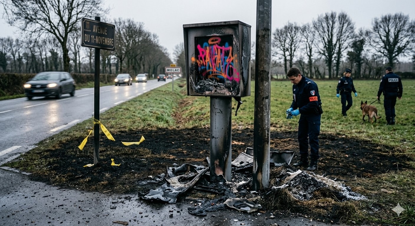 radar automatique Molac incendié, vandalisme RD5 Morbihan Bretagne, feu équipement sécurité routière, destruction bien public état, gendarmerie enquête incendie volontaire, radar calciné Molac route, amende destruction matériel public, peine prison vandalisme radar, remplacement radar automatique brûlé, sécurité routière département 56, infraction destruction par feu, dégradation mobilier urbain breton, enquête criminelle gendarmerie nationale, coût remplacement radar impôts, protection zone accidentogène RD5, colère conducteurs radar vitesse, amende forfaitaire majorée justice, procédure pénale vandalisme matériel, traces ADN enquête radar, signalement dégradation bien public.
